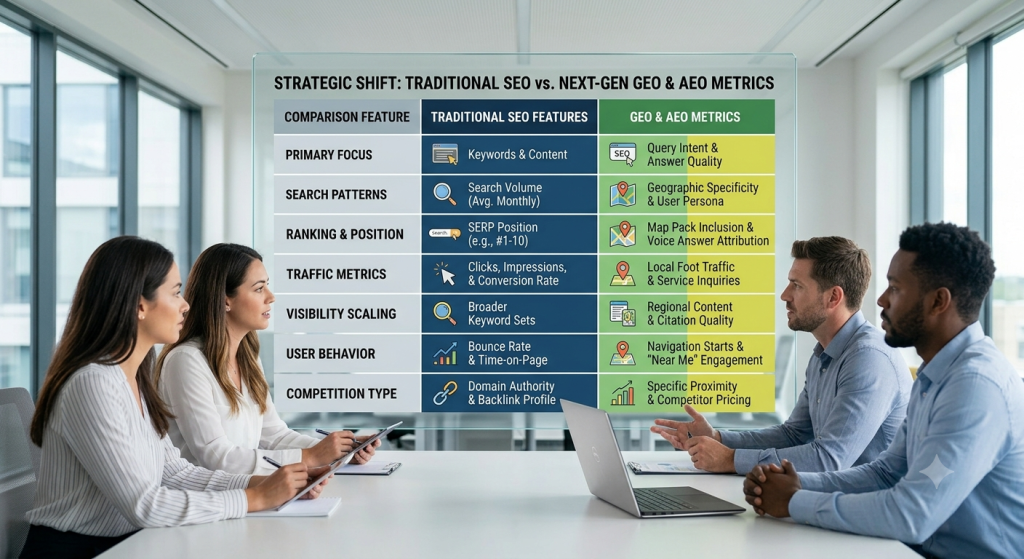 Comparison table showing traditional SEO features versus GEO and AEO metrics