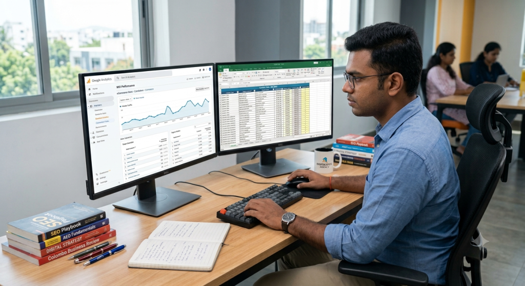 Digital marketer reviewing search analytics and content plan on a desktop workspace